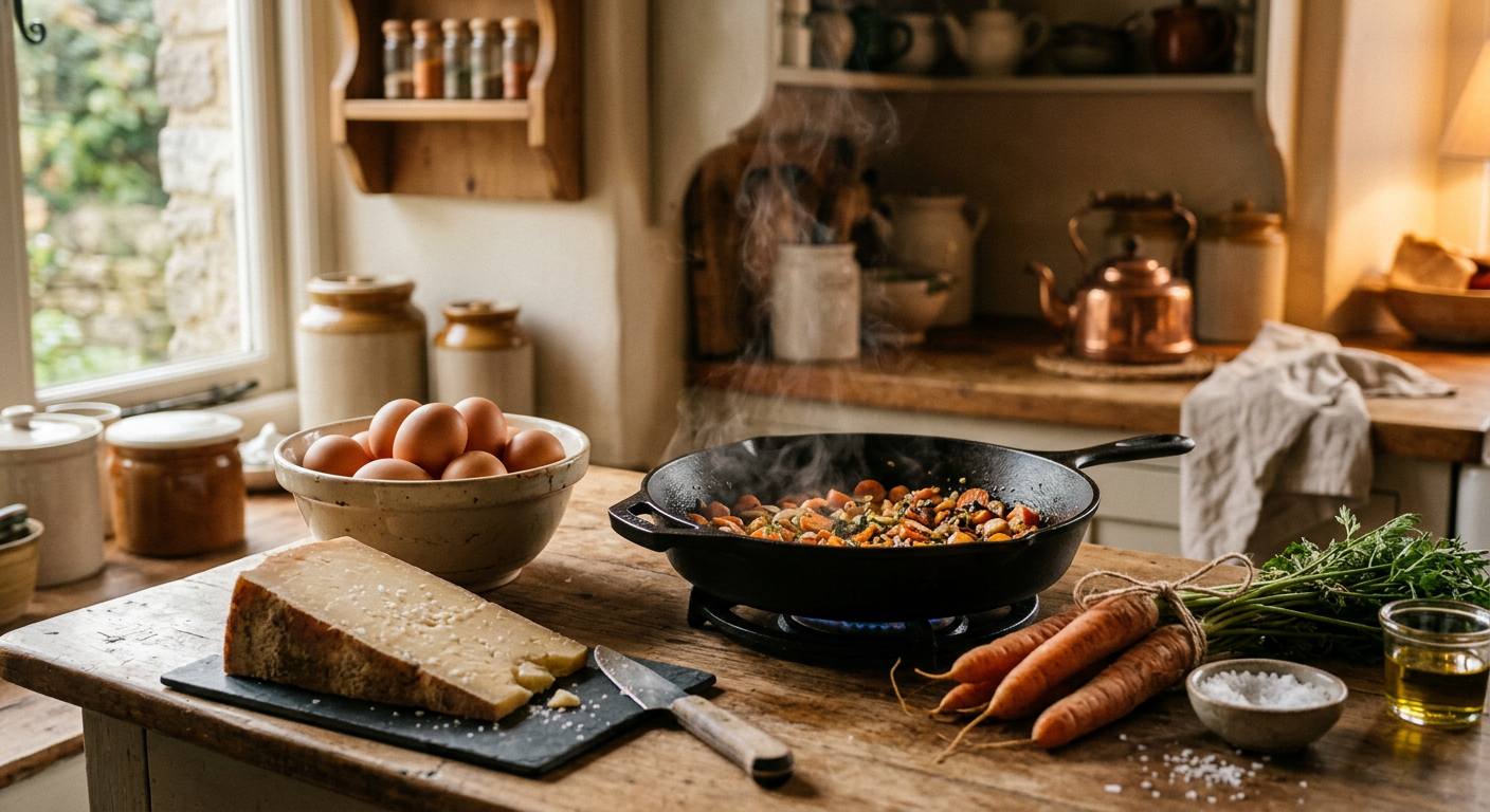 A rustic kitchen counter with miscellaneous fresh ingredients and a cast iron pan, signifying a fridge clear-out meal.