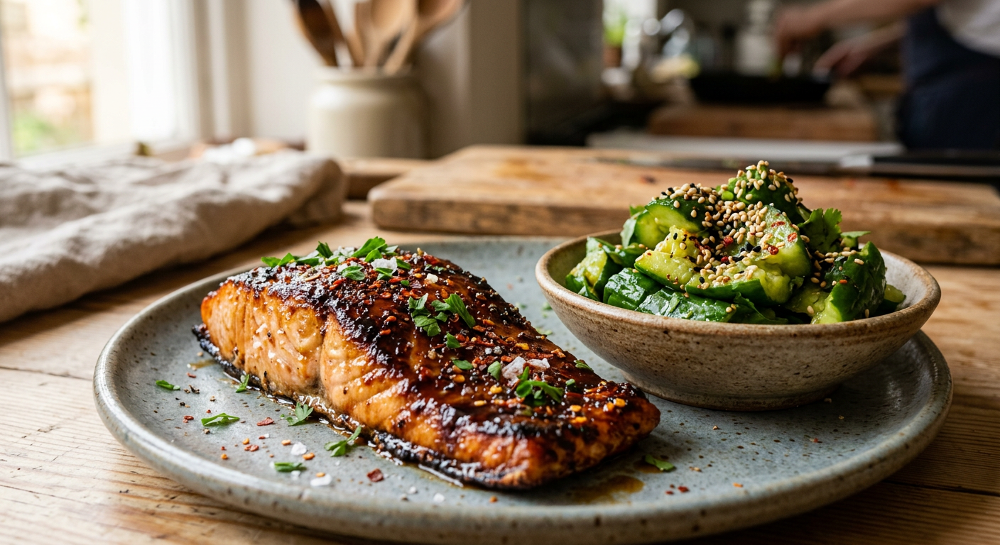 Caramelized burnt honey salmon fillet with smashed cucumber salad on a ceramic plate.