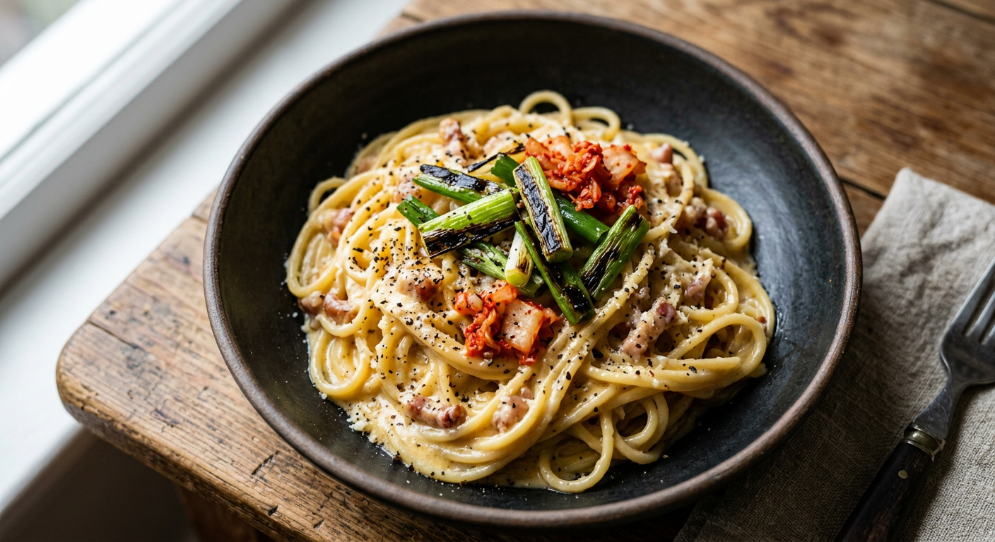 Glossy kimchi carbonara with charred scallions in a ceramic bowl.